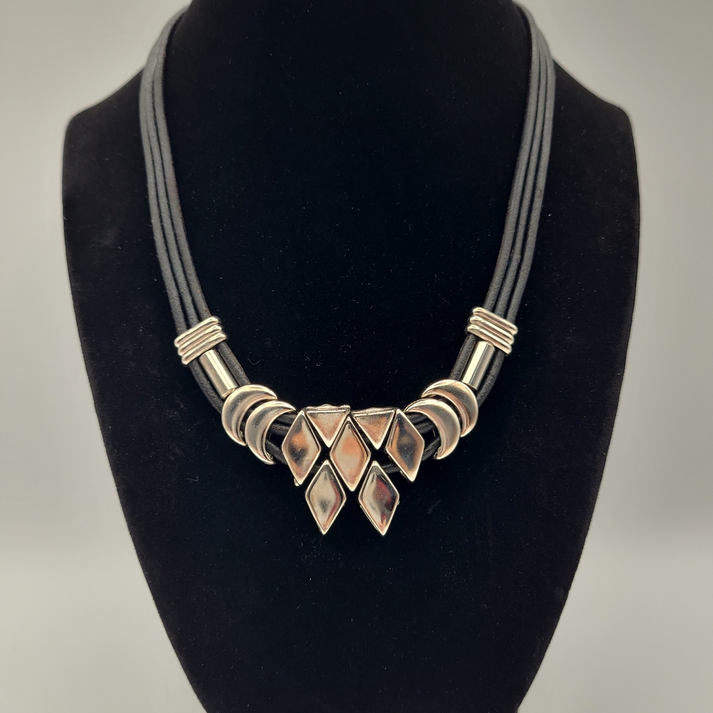 Vintage Silver Tone Geometric Necklace Black Multi Cord Statement Necklace